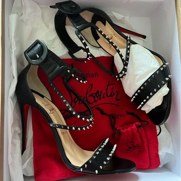 CHRISTIAN LOUBOUTIN CHOCA SPIKES 100 KID BLACK LEATHER SANDAL